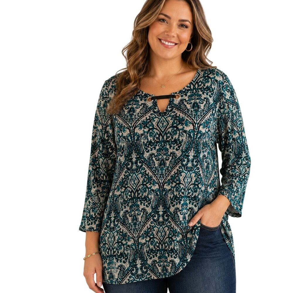 Catherines Keyhole Tunic Womens Size 1X Green Paisley Relaxed Flowy Top